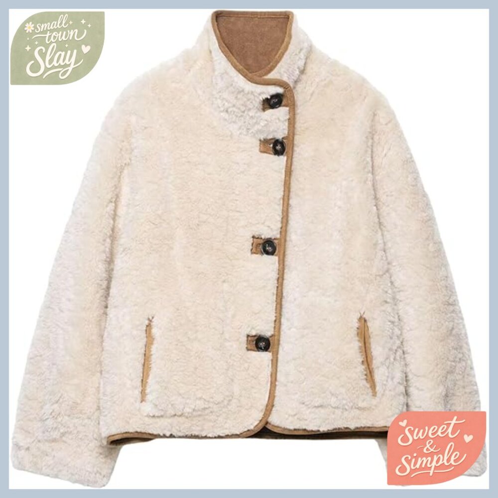 Reversible Double-Faced Faux Suede Jacket Stand Collar Long Sleeve Loose Fit